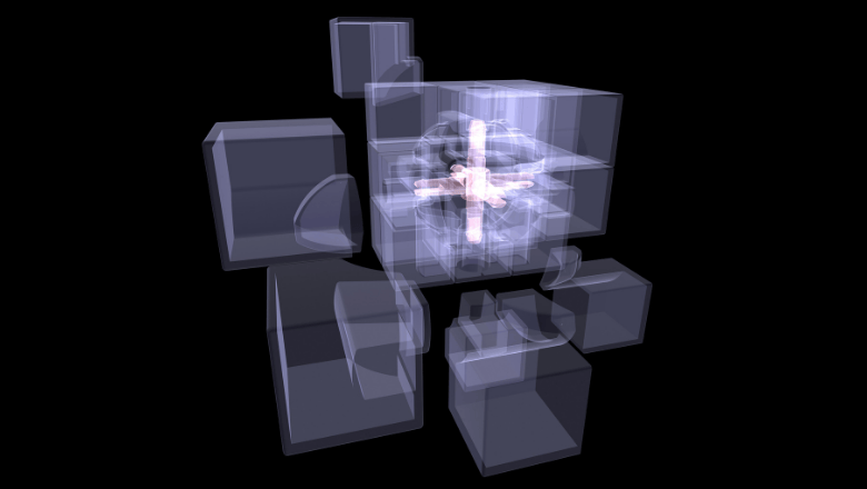 Boxes in a black room